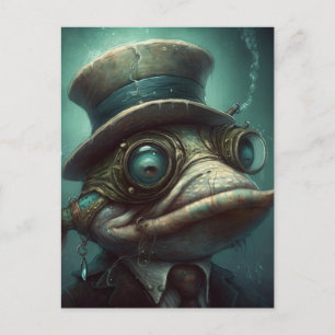 Lustig Steampunk Fisk i Kostym Vykort