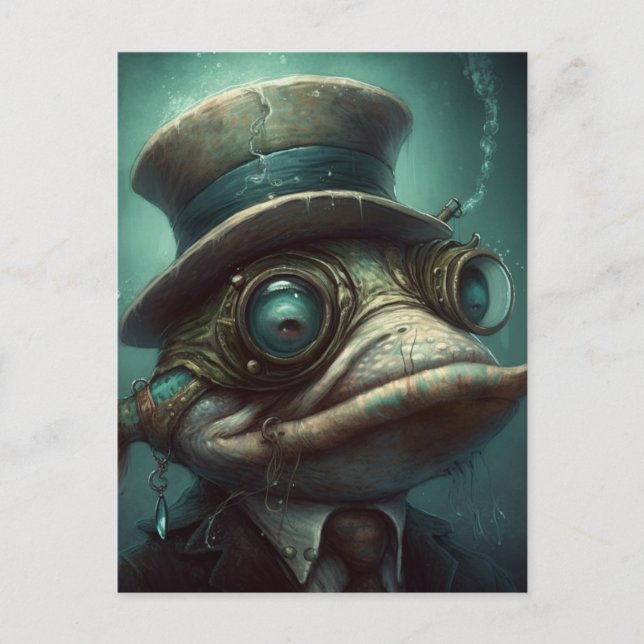 Lustig Steampunk Fisk i Kostym Vykort (Framsida)