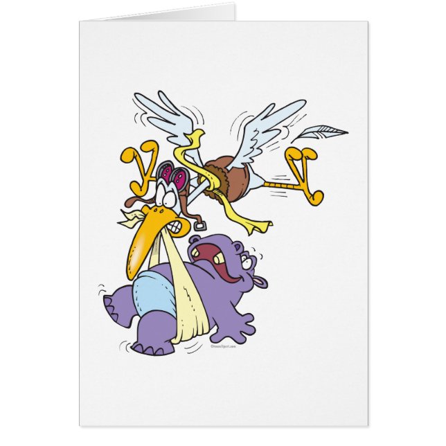 lustig stork som levererar baby hippo hälsningskort (Framsidan)