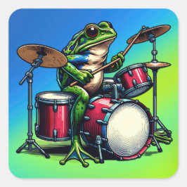 Lustig Tecknad Frog som spelar Drums Fyrkantigt Klistermärke