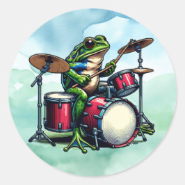Lustig Tecknad Frog som spelar Drums Runt Klistermärke
