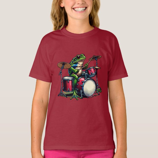 Lustig Tecknad Frog som spelar Drums T Shirt (Framsida)
