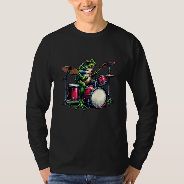 Lustig Tecknad Frog som spelar Drums T Shirt (Framsida)