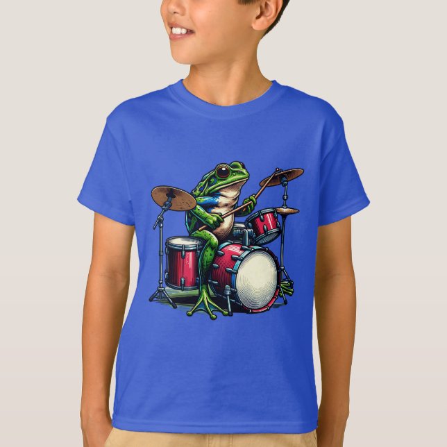 Lustig Tecknad Frog som spelar Drums T Shirt (Framsida)