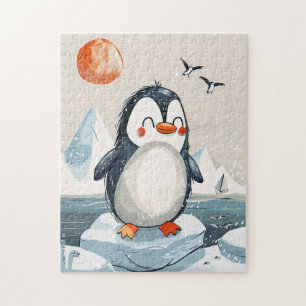 Lustig tecknad Penguin på isblomman Pussel