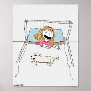 Lustiga barn poster flicka och hund i sängen tills