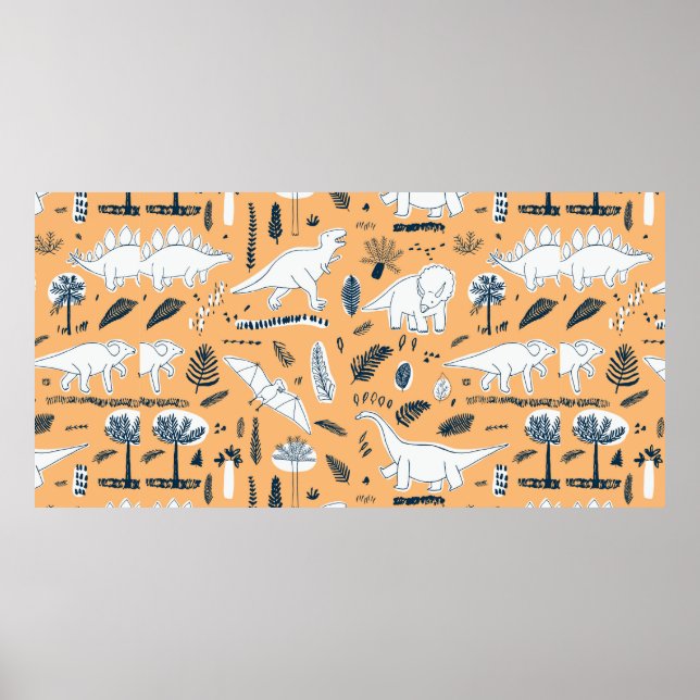 Lustiga dinosaurier med handflatan löv mönster poster (Framsidan)