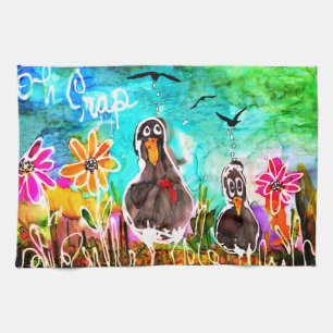 Lustiga Kråkor och blommor Oh Crap Kitchen Towel Kökshandduk