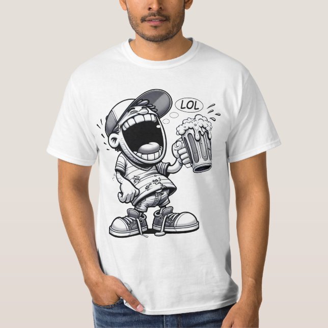 Lustige Cartoonfi Freak Biertrinker "LOL" Comic T Shirt (Framsida)