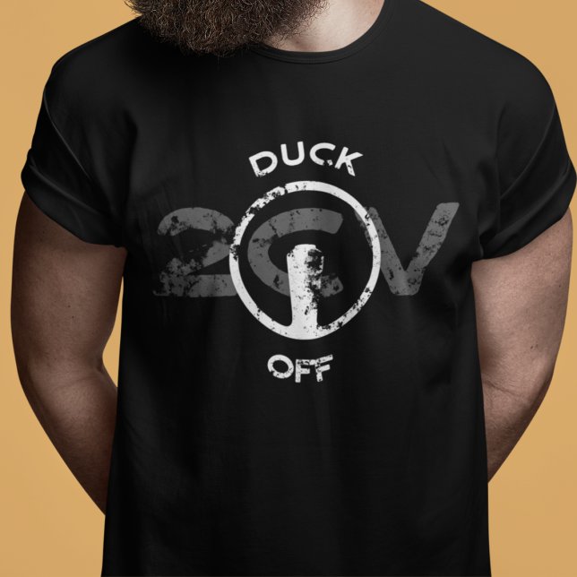 Lustiges Oldtimer 2cv Duck Off Statement T Shirt (2CV T-Shirt in Black with a White Steering Wheel Illustration of the Deux Chevaux )