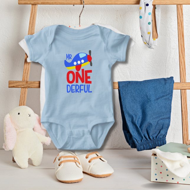 Lustigt 1:a födelsedag Mr Wonderful Baby T-Shirt (Mr. ONE derful 1st birthday cute blue baby )