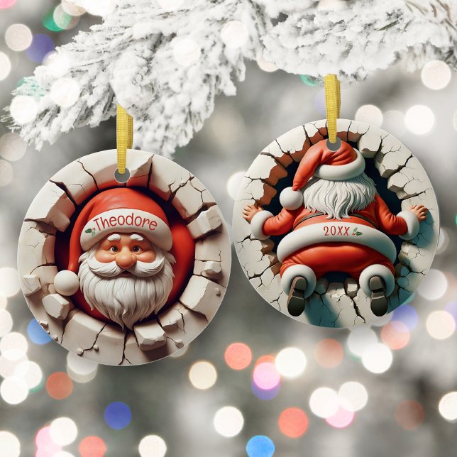 Lustigt 3D Santa Personlig Child's Namn-jul Julgransprydnad Keramik (Funny personalized child's name 2024 3D crashing Santa front & back side Christmas ornament kid gift)