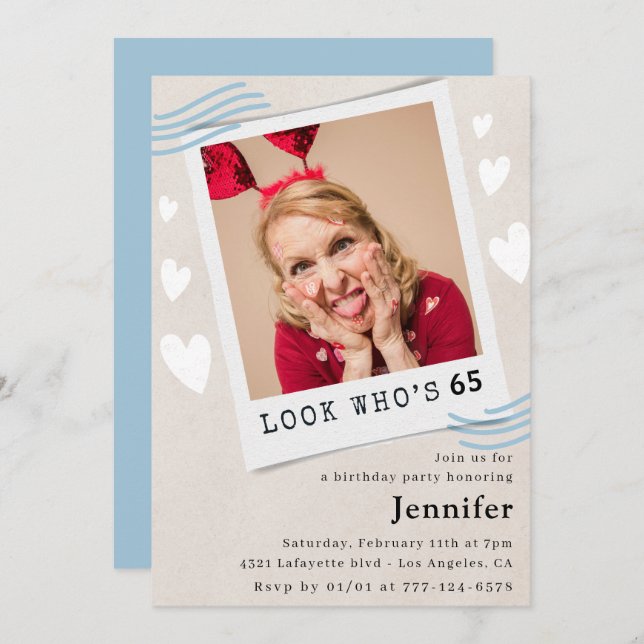 Lustigt 65e-födelsedagsinbjudningar Foto Kolla vem Inbjudningar (Fram/baksida)