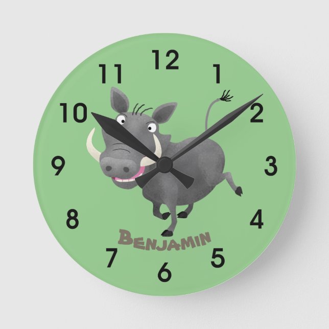Lustigt afrikanskt krigthog gris tecknad illustrat rund klocka (Framsida)