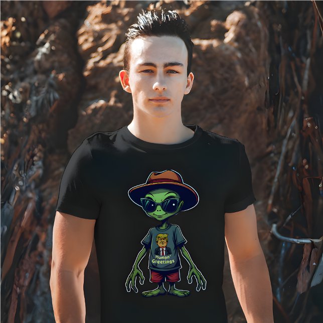 Lustigt Alien "Human Hälsning", politisk satir T Shirt (Funny Alien “Human Greetings” Political Satire T-Shirt)