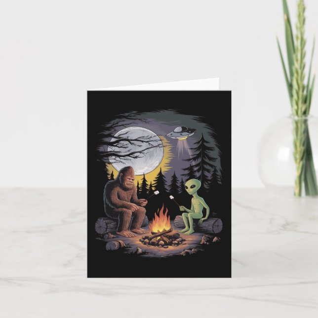 Lustigt Alien och Bigfoot, som höjer Måne Sasquatc Kort (Framsida)
