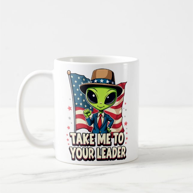 Lustigt Alien Ta mig till din ledare USA Patriotic Kaffemugg (Vänster)