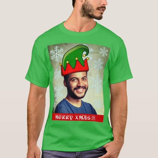 Lustigt anpassningsbar Julafton. Elf hat fotot T-S T Shirt (Framsida)