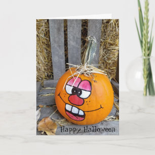 Lustigt ansikte på målad Halloween-pumpfärg Kort