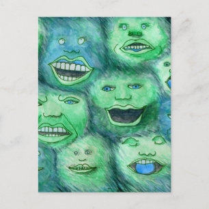 Lustigt Ansikte. Roligt Tecknad Monsters. Grön. Vykort