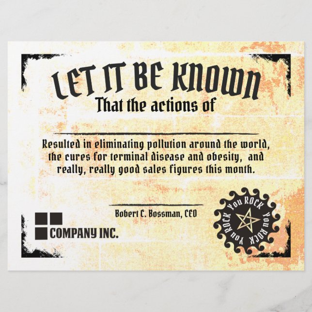 Lustigt arbetscertifikat för medarbetares bästa fö (Framsida)