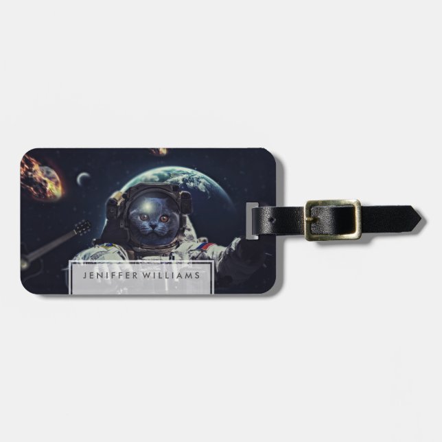 Lustigt Astronaut Shorthair Cat in Space Bagagebricka (Horisontell Framsida)