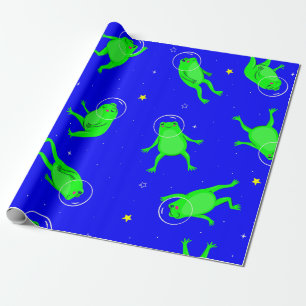 lustigt astronautgrodor blått presentpapper