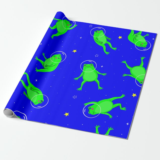lustigt astronautgrodor blått presentpapper (Utrullad)