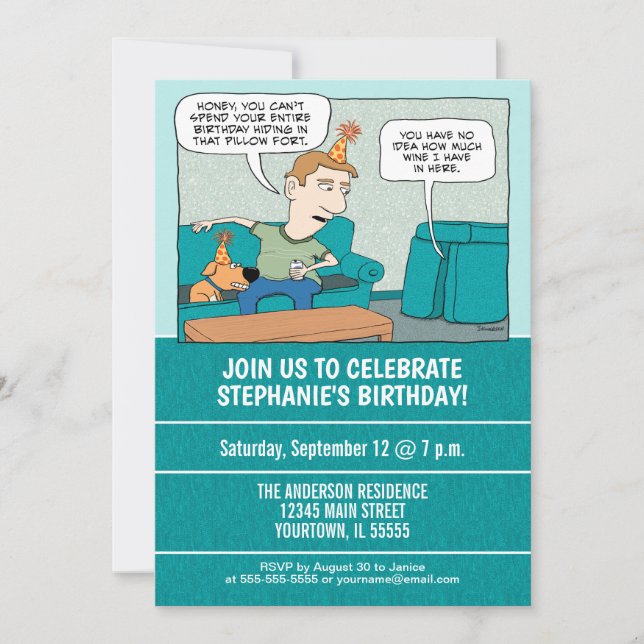 Lustigt att dricka Vin i Pillow Fort Födelsedagsfe Inbjudningar (Framsida)