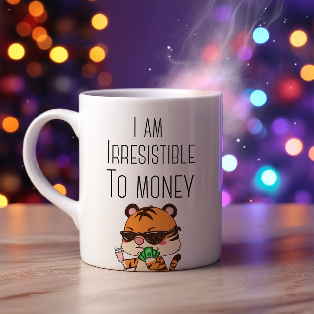 Lustigt att jag är oemotståndlig mot penningkaffe  kaffemugg (Skapare uppladdad)
