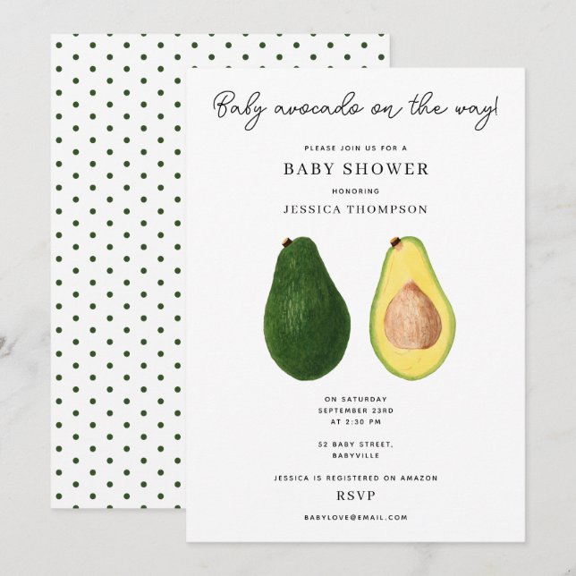 Lustigt Baby Avocado på babyskor Inbjudningar (Fram/baksida)