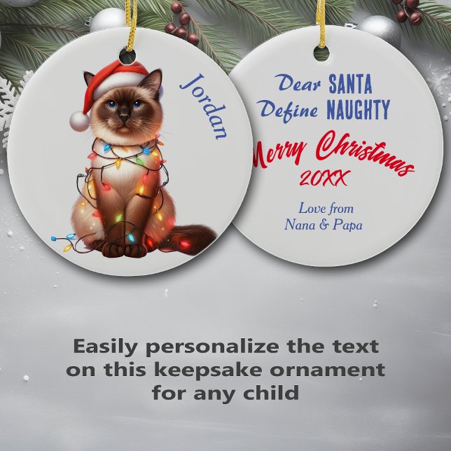 Lustigt Balinesiskt Katt Wrapped in Ljus jul Julgransprydnad Keramik (Skapare uppladdad)