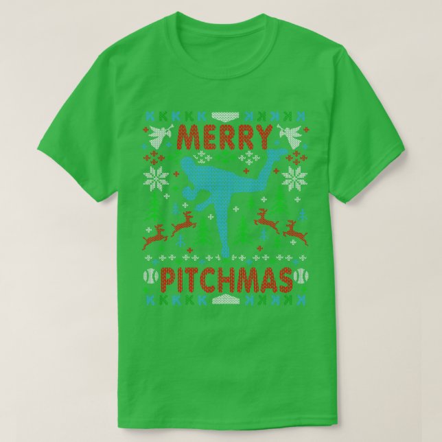Lustigt Baseball Pitching Ugly Julsötare Par T Shirt (Design framsida)