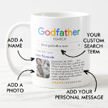 Lustigt, bästa gudfader någonsin sökresultat med f kaffemugg<br><div class="desc">Lustigt för gudfäder med logotypen "Godfather search" och ett enda sökresultat för "Best gudfather ever" (eller någon annan text) och med din gudfaders namn,  ett foto,  ett personligt meddelande och en femstjärnig klassificering.</div>