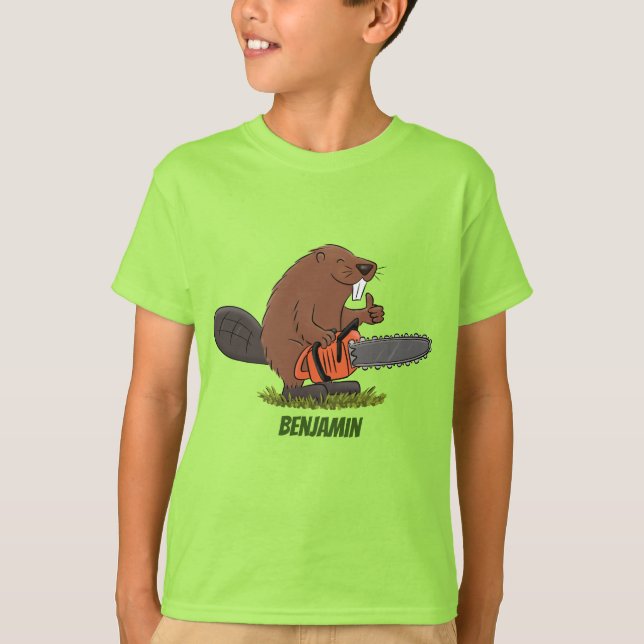 Lustigt bäver med motorsågen tecknad humor t shirt (Framsida)