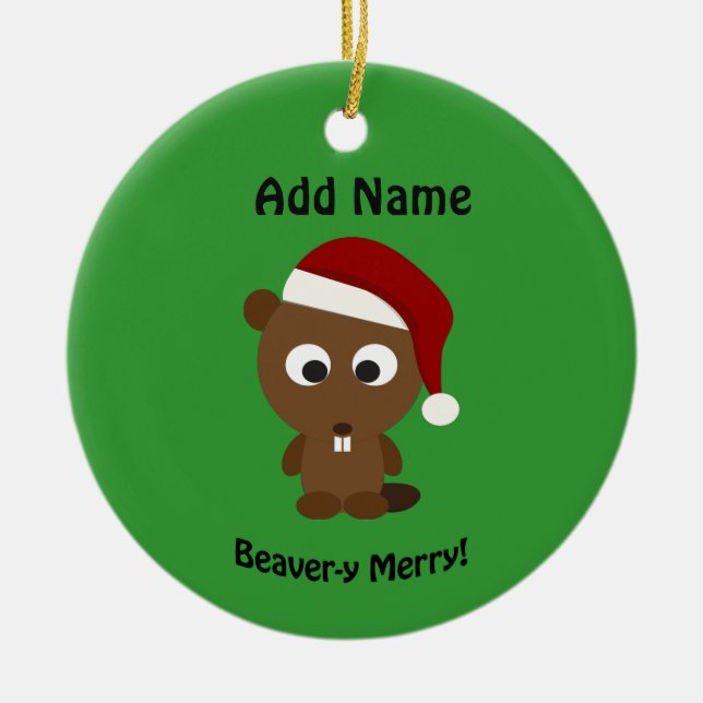 Lustigt Beaver-y Merry! Santa Beaver Julgransprydnad Keramik (Framsidan)