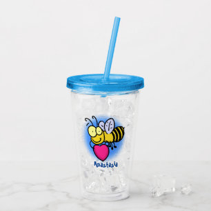 Lustigt bi med tecknad av hjärtat take away mugg