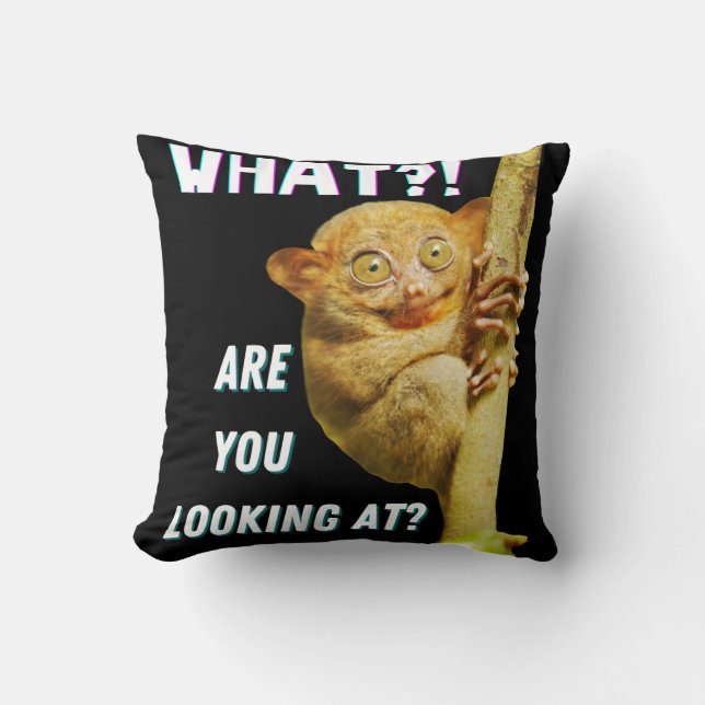 Lustigt Big Eyed Tarsier vad du Tittar på Kudde (Framsida)