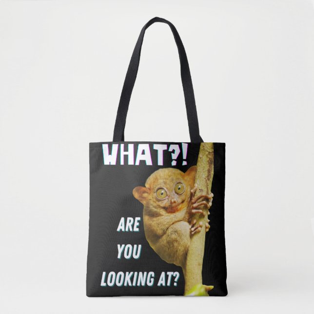 Lustigt Big Eyed Tarsier vad du Tittar på Tygkasse (Framsida)