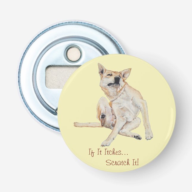 Lustigt bild i hund med roligtens slogan flasköppnare (Framsidan)