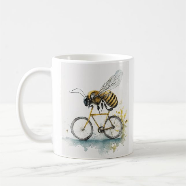 Lustigt bin som kör en cykel med vattenfärg teckni kaffemugg (Vänster)