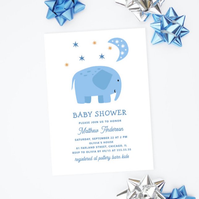 Lustigt blå elefant och måne.. Cute Boy-dusch Inbjudningar (Skapare uppladdad)