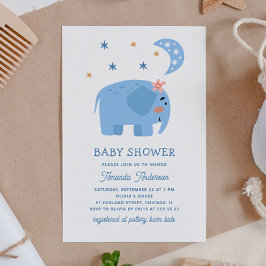 Lustigt blå elefant- och måne-stjärnor. Cute babdu Inbjudningar