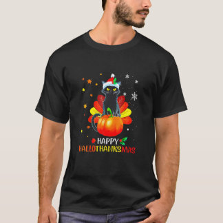 Lustigt Black Cat Turkey Hallo-Tackto-Mas Lycklig  T Shirt