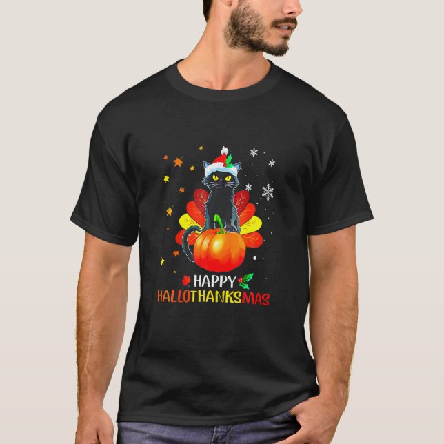 Lustigt Black Cat Turkey Hallo-Tackto-Mas Lycklig  T Shirt (Framsida)