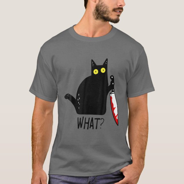 Lustigt Black Cat What? Holding Bloody Knivar Mana T Shirt (Framsida)