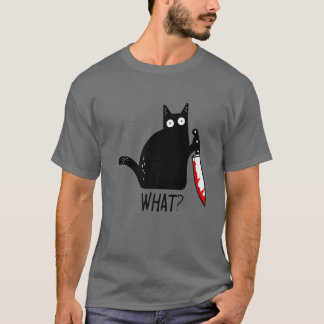 Lustigt Black Cat What? Holding Bloody Knivar Mana T Shirt