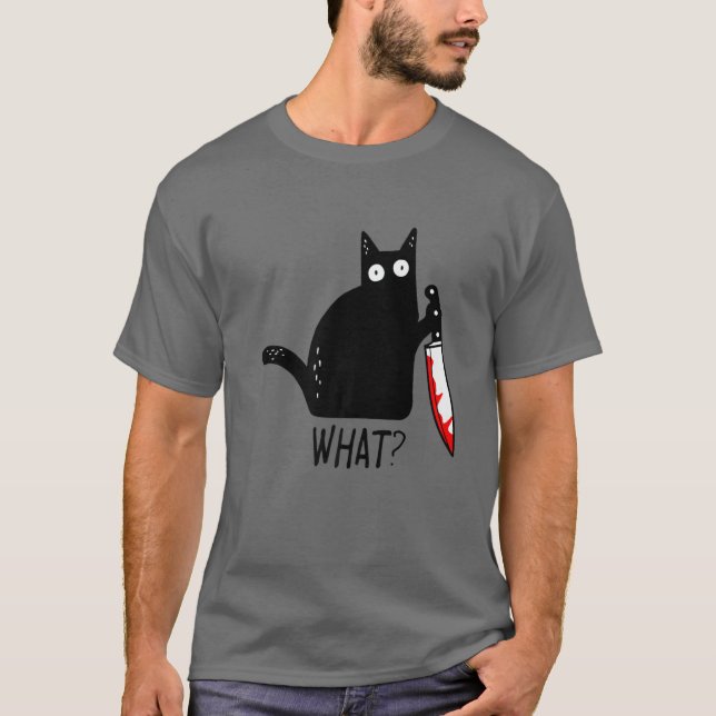 Lustigt Black Cat What? Holding Bloody Knivar Mana T Shirt (Framsida)
