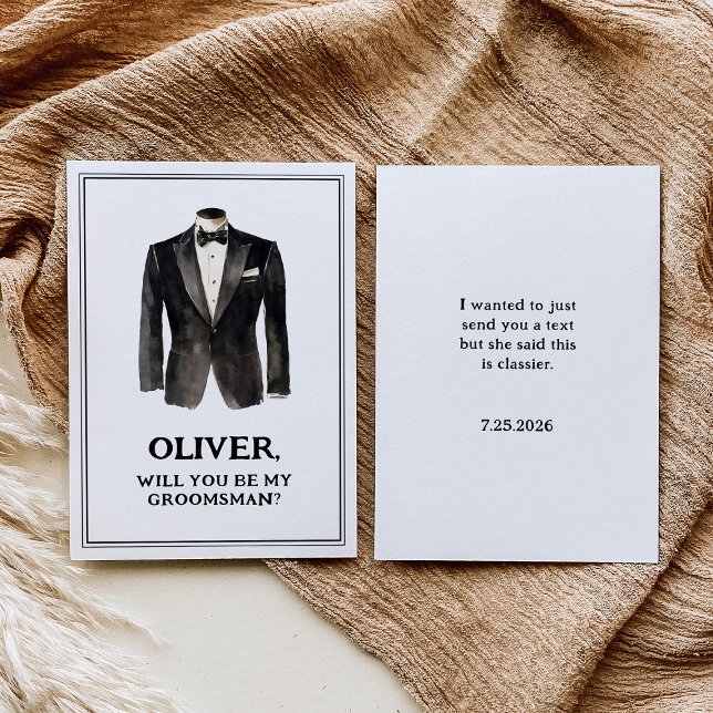 Lustigt Black Kostym blir du min Groomsman Frieri Inbjudningar (Skapare uppladdad)