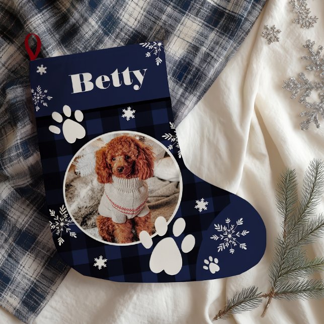 Lustigt blått hund - foto Jul Stor Julstrumpa (Funny cute navy blue plaid dog pet photo Christmas Large Christmas Stocking)